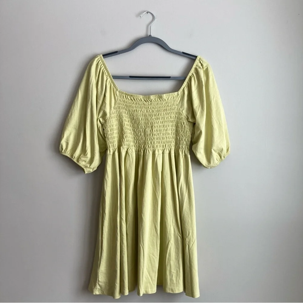 NWT J. Crew Yellow Smocked Cotton Square Neck Puff Sleeve Dress